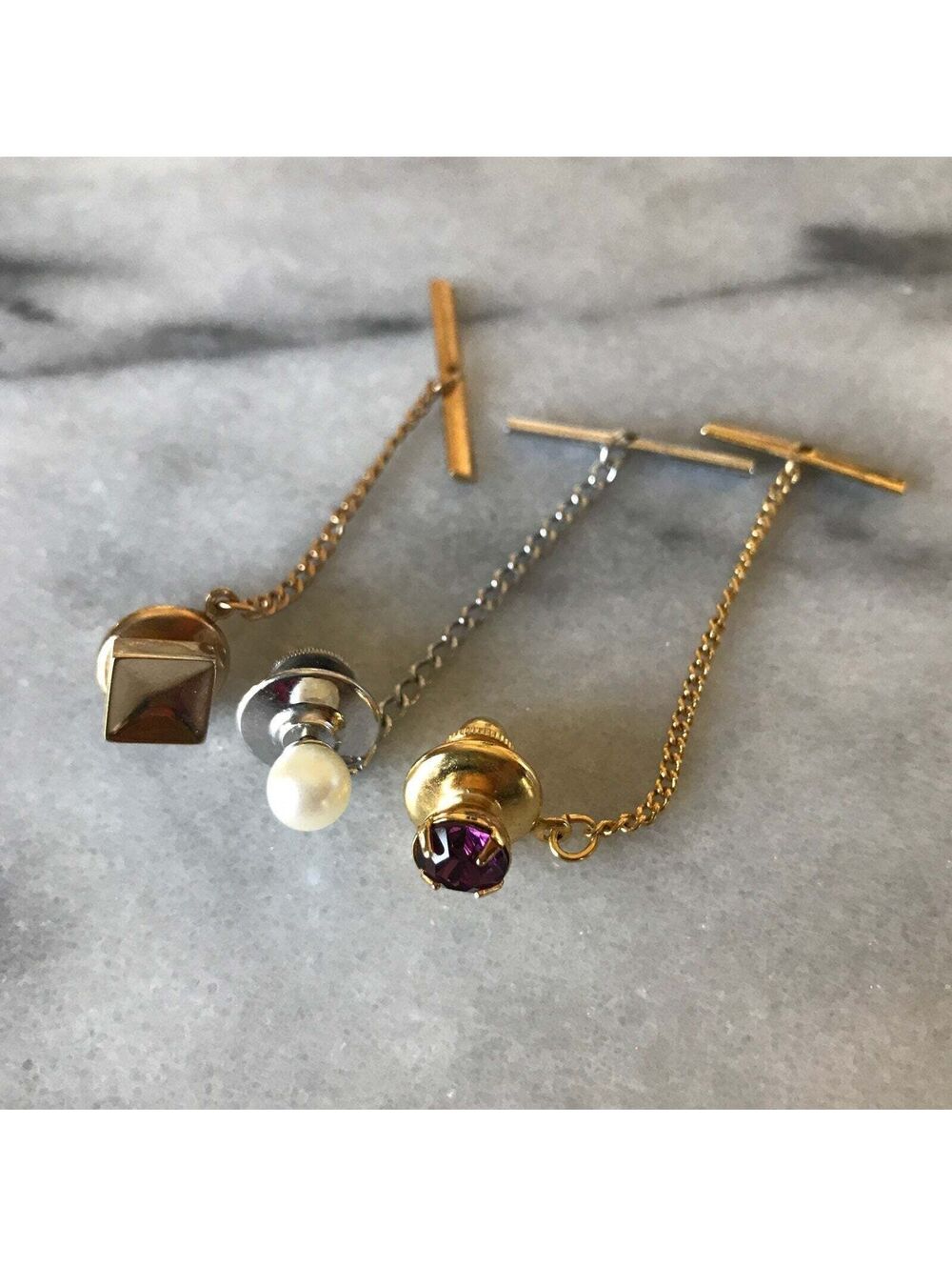 3 Vintage MCM Tie Tacks Sterling w/ Genuine Pearl & Swank